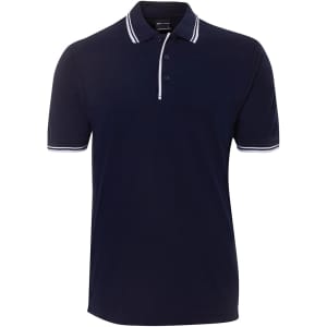 A navy polo shirt with white contrast stripes on the collar and sleeves, featuring a logo.