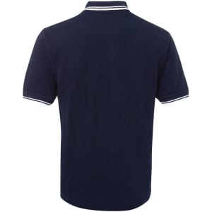 A navy polo shirt featuring contrasting white stripes on the collar and sleeve hems. It has a logo on the side.