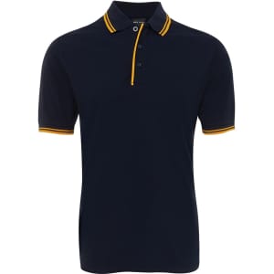 A polo shirt in navy blue with contrasting yellow stripes on the collar and sleeves, featuring a logo.