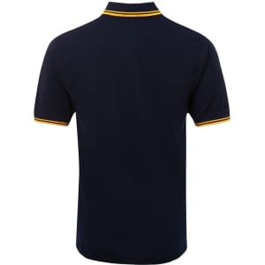 A navy polo shirt featuring contrasting yellow stripes on the collar and sleeve hems. It has a branding logo.