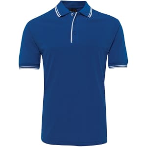 A blue polo shirt featuring contrasting trim on the collar and sleeves, with a logo on the chest.