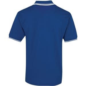 A blue polo shirt featuring white trim, with a collar and short sleeves. The shirt has a logo on it.