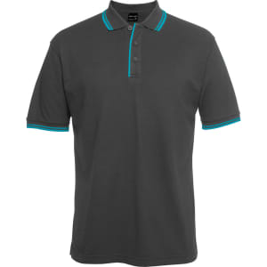 A dark grey polo shirt featuring contrasting turquoise accents on the collar and sleeves. It has a logo.