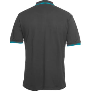A dark grey polo shirt featuring contrasting turquoise accents on the collar and sleeves. Includes a logo.