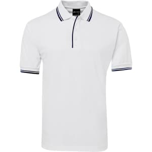 A white polo shirt with contrasting navy stripes on the collar and sleeves, featuring a logo on the chest.