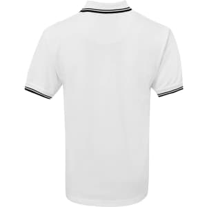 A white polo shirt with black contrast stripes on the collar and sleeves. It has a logo on the front.