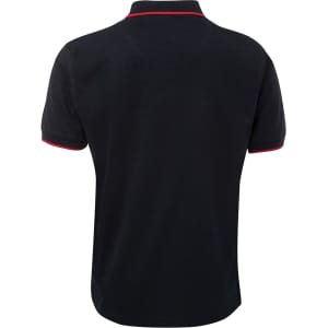A navy polo shirt with a red trim and a logo on the front. The shirt features a classic collar and short sleeves.