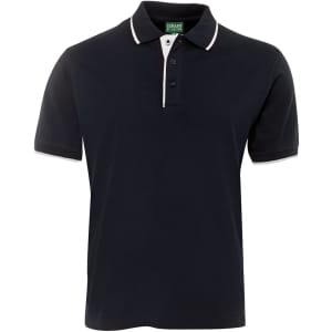 A navy polo shirt with a white collar and three buttons, featuring a logo on the chest.