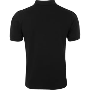 A black fitted polo shirt, featuring a classic collar and short sleeves, with a branding logo.