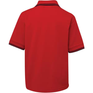 A red polo shirt featuring short sleeves and contrasting trim at the collar and sleeves, with a logo present.