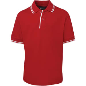 A red polo shirt with contrast white stripes on the collar and sleeves, featuring a buttoned placket and a logo.