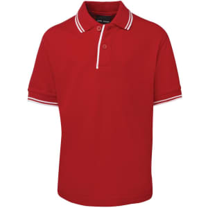 A bright red polo shirt featuring a buttoned placket and contrasting white collar and sleeve trims.