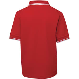 A red polo shirt featuring a contrast collar and sleeves, with a branding logo on the back.