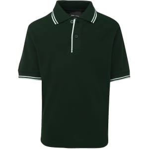 A green polo shirt featuring contrasting white stripes on the collar and sleeves, with a brand logo.