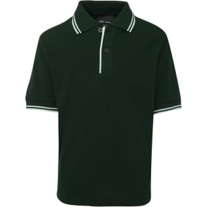 A green polo shirt with contrasting white stripes on the collar and sleeve cuffs. The shirt has a logo.