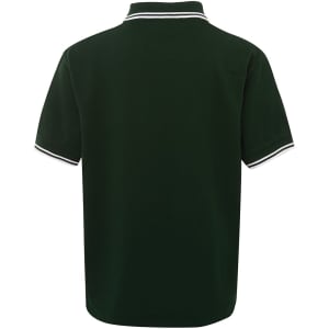 A dark green polo shirt featuring a contrasting white collar and sleeve trim, with a logo on the front.