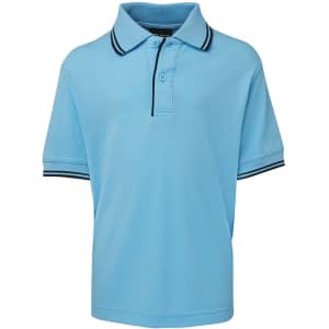 A light blue polo shirt with a collar and contrasting black trim on the sleeves and collar. It features a logo.