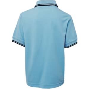 A light blue kids' polo shirt featuring contrasting black trim and a collar, with a logo on the side.
