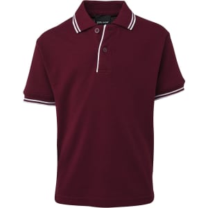 A maroon polo shirt with contrasting white collar and sleeve trims, featuring a logo on the label.