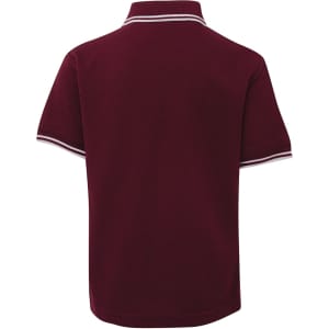 A maroon polo shirt featuring a contrasting collar and cuffs, with a logo present on the design.
