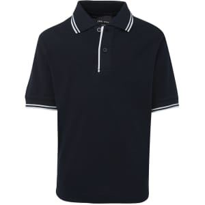A navy polo shirt with contrasting white stripes on the collar and sleeves, featuring a logo.