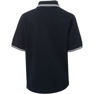A navy polo shirt featuring a contrast collar and sleeve trim, with a logo on the garment.
