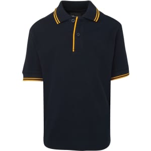 A navy polo shirt with yellow contrast stripes on the collar and sleeves. It features a two-button placket and a logo.