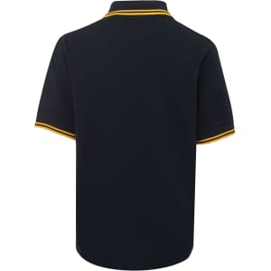 A navy polo shirt featuring contrasting yellow trim on the collar and sleeves, with a logo on the front.