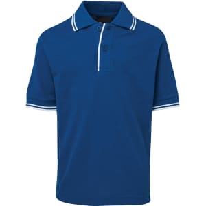 A blue kids' polo shirt featuring white contrast stripes on the collar and sleeves, with a branded logo.