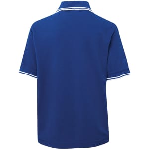 A blue polo shirt with contrasting white stripes on the collar and sleeves, featuring a logo.