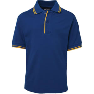 A royal blue polo shirt with yellow contrast detailing on the collar and sleeves. It features a buttoned placket and a logo.