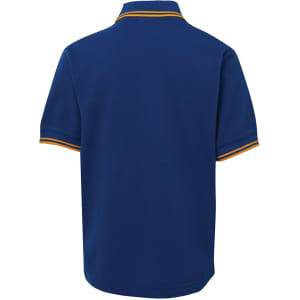 A blue polo shirt with contrast trim and a collar. It features a logo on the front.