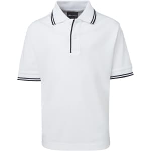 A children's white polo shirt featuring contrast black stripes on the collar and sleeves. It has a logo on the label.