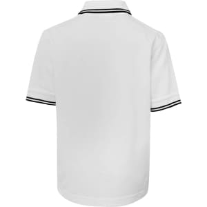 A back view of a white polo shirt featuring black contrast stripes on the sleeves and collar. It has a logo.