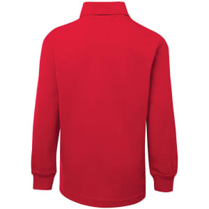 A red long-sleeve polo shirt with a collar, featuring a logo on the back.