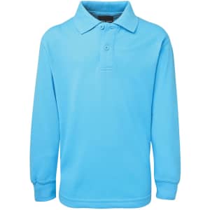 A long-sleeve polo shirt in a bright blue colour, featuring a collar and two buttons, with a logo on the chest.