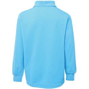 A light blue long-sleeved polo shirt with a collar and cuffs. Features a logo on the front.