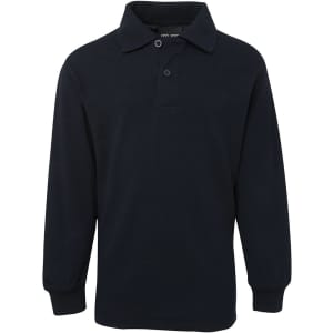 A long-sleeve navy polo shirt featuring a collar, buttons, and a logo. Suitable for kids.