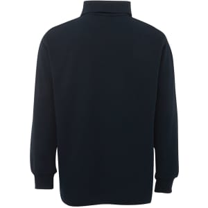 A long-sleeve polo shirt in navy blue featuring a collar and a logo on the back.