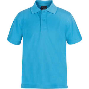 A blue short-sleeve polo shirt featuring a collar and a button placket, with a logo.