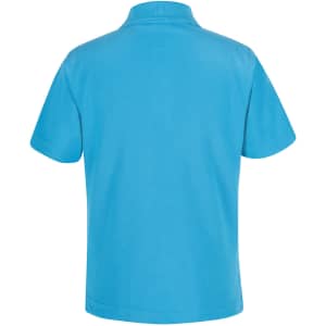 A short-sleeve polo shirt in bright blue with a collar and a plain back. Features a logo branding.