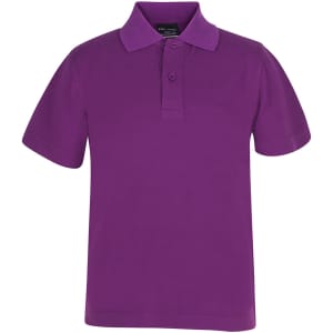 A purple polo shirt with a collar and three buttons, featuring a brand logo. Suitable for kids.