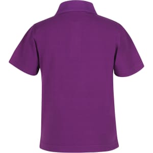 A purple short-sleeved polo shirt with a collar and a logo. The back view displays a simple, classic design.