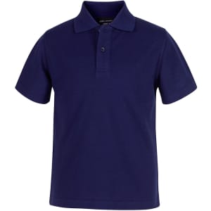 A navy blue short-sleeved polo shirt featuring a three-button placket and a collar. It has a logo on the chest.
