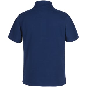 A navy blue kids' short-sleeve polo shirt featuring a collar and a logo.