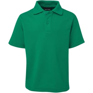 A green short-sleeved polo shirt with a collar and a logo on the chest.