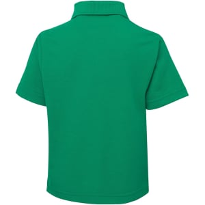 A green polo shirt featuring a collar and short sleeves, with a brand logo on the back.