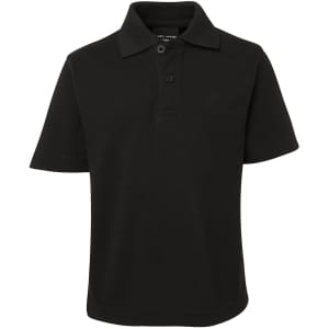 A black short-sleeve polo shirt with a collar, featuring three buttons and a logo on the chest.
