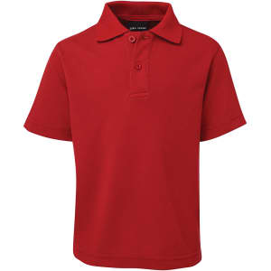 A red short-sleeved polo shirt with a collar and buttons, featuring a logo on the chest.