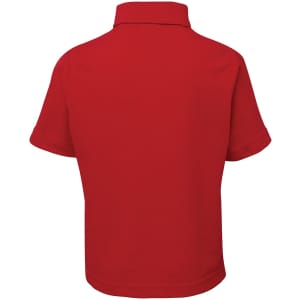A red polo shirt with a flat collar and short sleeves, featuring a logo on the back.